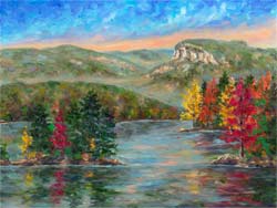 Painting of Lake James and SHortoff Mountain in Autumn