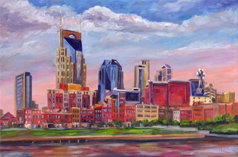 Nashville tennessee Original Oil on Canvas art Limited Edition Print Bellsouth Bat Building Cumberland River Wharf Giclee