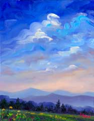 Original oil Painting of Mountains Flowers Sky Clouds