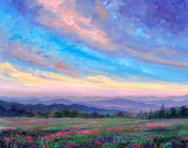 Pink Mountain wildflowers oil painting on canvas