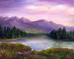 painting of canoe at lake in lountains