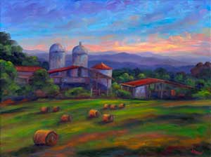 Oil Painting of Hay bails Farm Silos