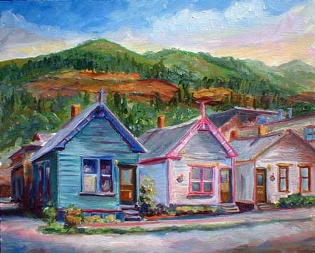 Popcorn Alley Colorful row of houses in Telluride Colorado Oil Painting on Canvas